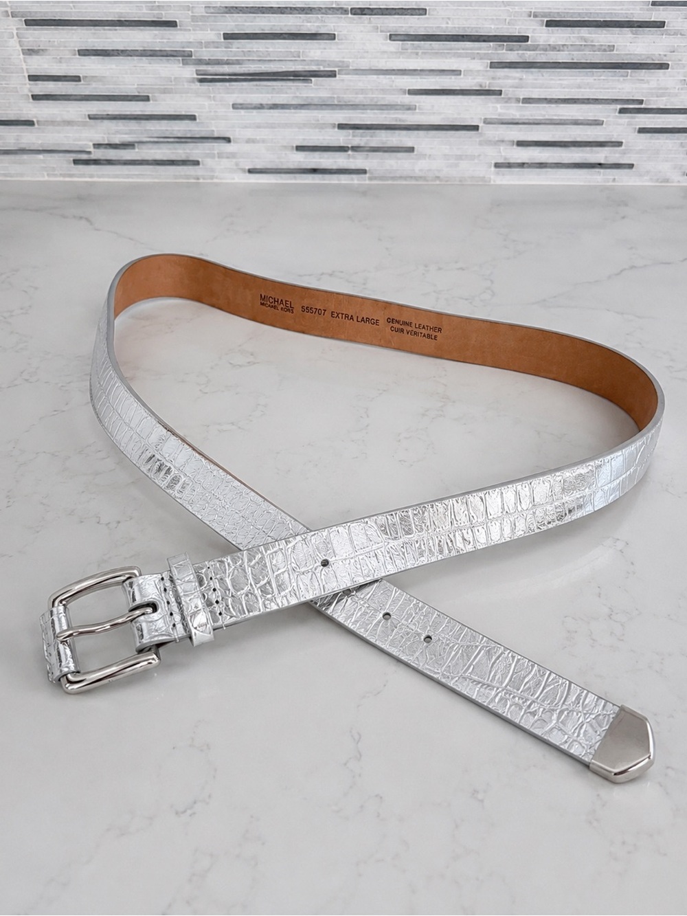 Michael Kors Silver Croc-Embossed Leather Belt - Extra Large 46”